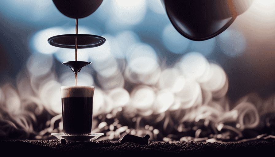 An image capturing the precise aeropress inverted method in action: A hand delicately pouring hot water over ground coffee inside an inverted aeropress, as the rich aroma and swirls of steam fill the air