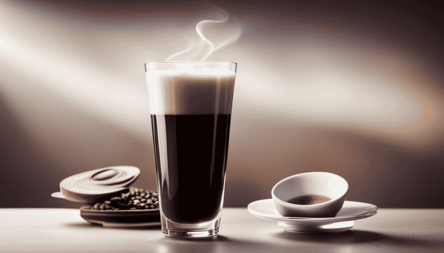 An image capturing the elegance of a tall glass filled with layers of velvety steamed milk and rich espresso, merging together like a captivating dance of cream and coffee, evoking a sense of pure indulgence