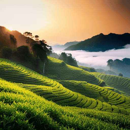 An image showcasing a serene tea plantation nestled in the mist-covered mountains of Taiwan