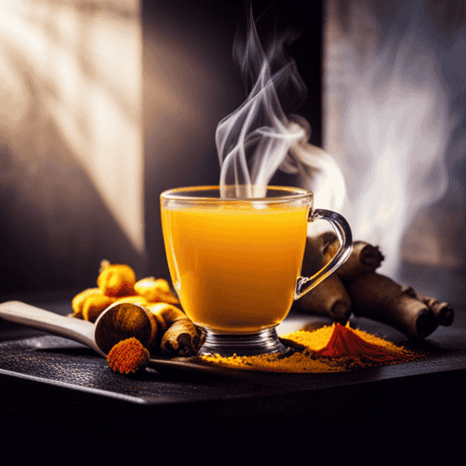 An image showcasing a steaming cup of vibrant yellow turmeric tea, surrounded by fresh, whole turmeric roots, ginger slices, and a sprinkle of black pepper