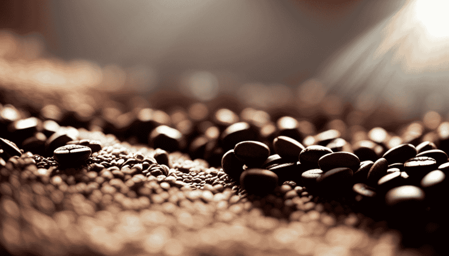 An image capturing the ethereal dance of coffee beans as they tumble and roast, filling the air with a symphony of rich aromas