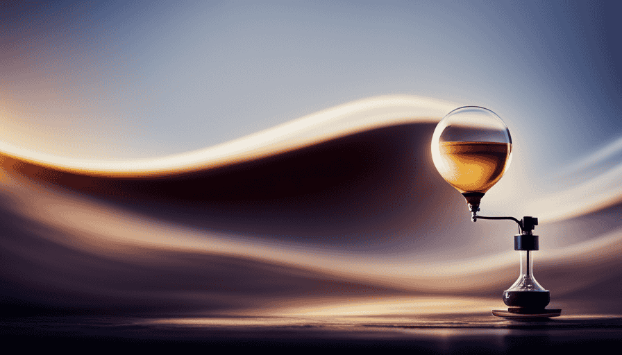 An image capturing the mesmerizing process of siphon coffee brewing: a glass bulb with a thin tube immersed in a golden-hued brew, as vapors ascend, swirling and merging with the aroma-filled atmosphere