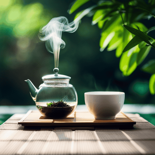 An image featuring a serene, minimalist tea ceremony aesthetic with a traditional Japanese teapot pouring steaming green tea into delicate, translucent cups on a bamboo tray, surrounded by vibrant green tea leaves and a serene Zen garden backdrop