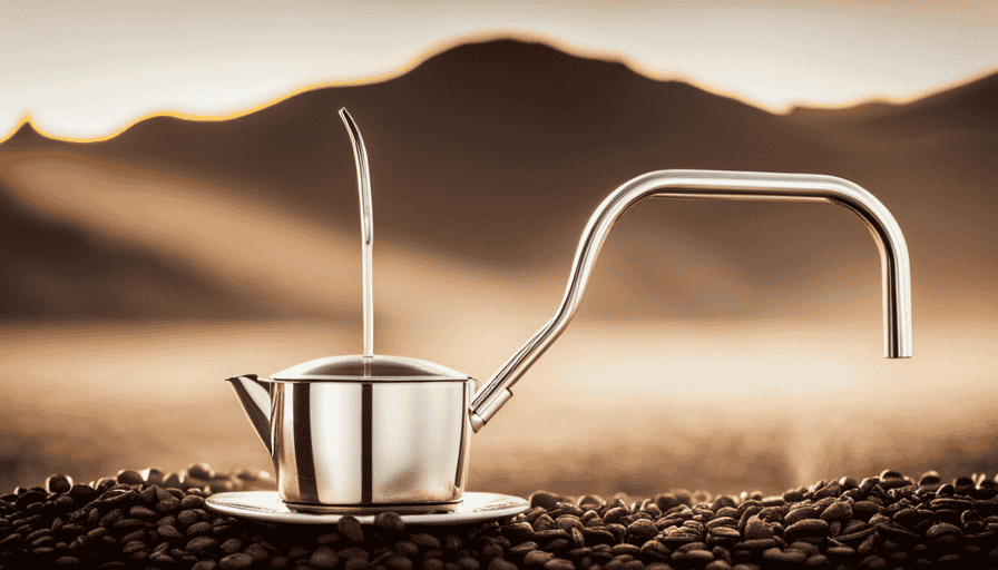 An image that showcases the delicate dance between water and coffee beans: a sleek silver kettle pouring a steady stream of precisely heated water onto a meticulously arranged bed of freshly ground coffee