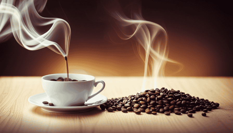 An image capturing the essence of coffee aroma: a hand delicately lifting a steaming cup, wisps of aromatic vapors rising and intertwining with abstract coffee bean swirls, evoking the alluring scent of freshly brewed coffee