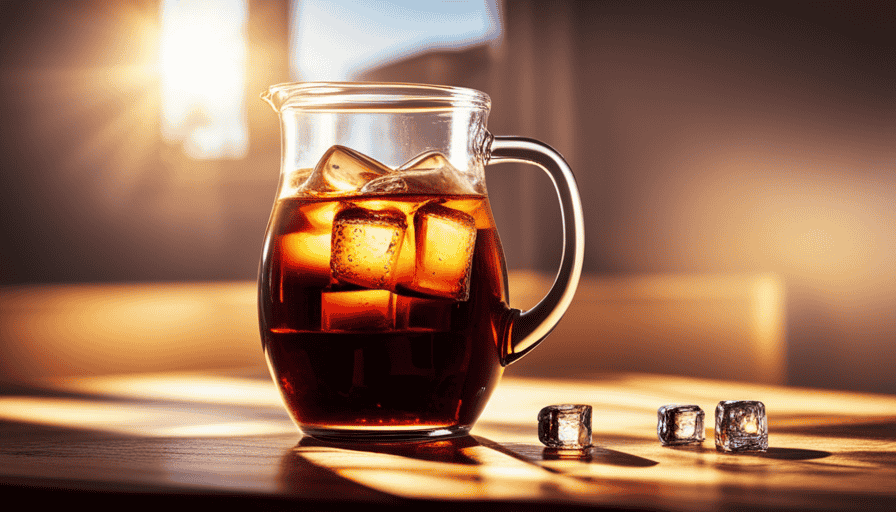 An image capturing the essence of perfect cold brew coffee: a glass pitcher slowly dripping dark, rich liquid onto a bed of ice cubes, as sunlight filters through the window, casting a warm, golden glow