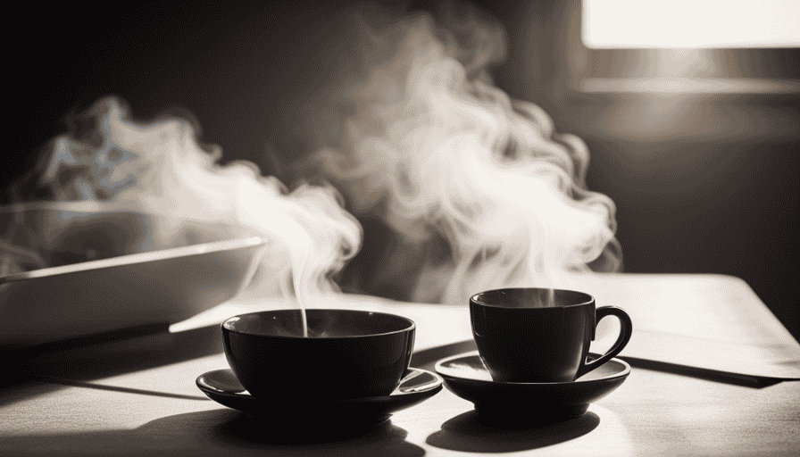 An image showcasing a serene morning scene with a steaming cup of black coffee held gently by hands, sunlight filtering through the steam, casting a warm glow on the table