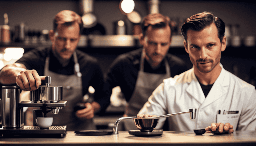 An image that captures the essence of mastering the Italian way of making espresso: a skilled barista meticulously measuring coffee grounds, delicately tamping them into the portafilter, and a flawless extraction resulting in rich, velvety crema
