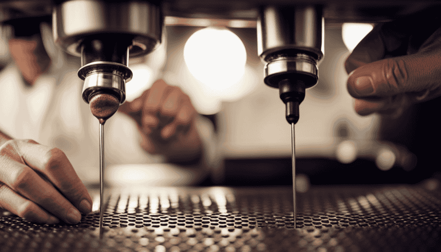 An image showcasing a barista's hands, gently guiding a tamper down onto a bed of finely ground coffee, capturing the precise moment of perfect pressure as espresso drips seamlessly into a waiting cup