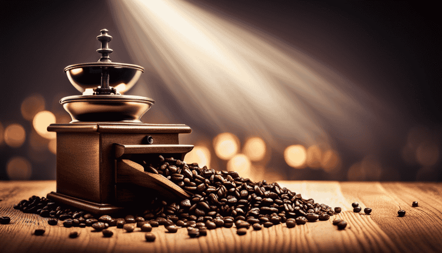 An image of a vintage brass coffee grinder on a wooden countertop, surrounded by aromatic coffee beans