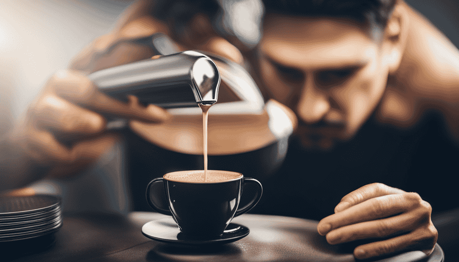 -up shot of a barista's hands delicately pouring a stream of hot water over a golden-brown, finely ground coffee bed in a sleek, stainless steel AeroPress, capturing the essence of the perfectly balanced Americano