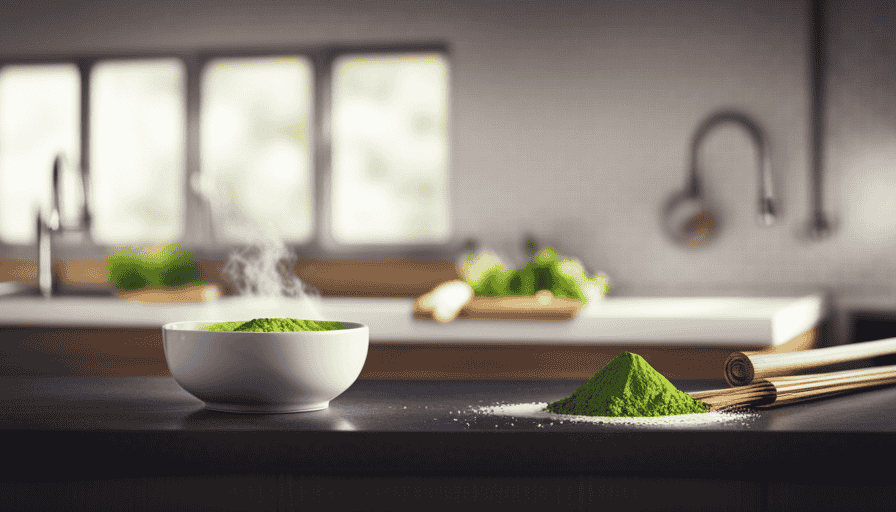 An image showcasing a serene kitchen scene with a marble countertop, a bamboo whisk swirling vibrant green matcha powder into frothy almond milk, while a sprinkle of matcha dusts the air