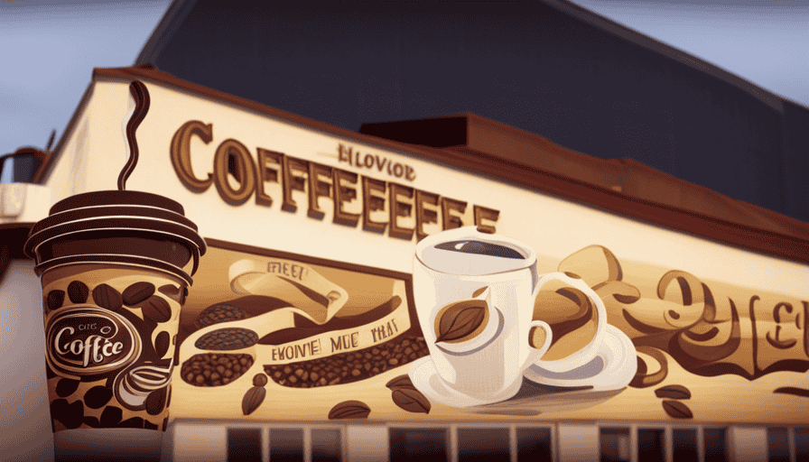 An image showcasing a charming coffee shop exterior adorned with a whimsical hand-painted mural featuring steaming cups of coffee, vibrant coffee beans, and a mosaic sign with a unique, catchy name