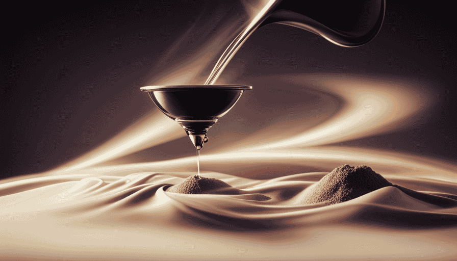 An image capturing the precise moment when hot water gradually filters through a bed of coffee grounds in a sleek glass percolator, showcasing the mesmerizing dance of swirling brown hues and the aromatic steam that envelops the brewing process