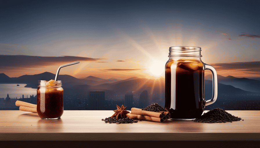 An image showcasing a mason jar filled with dark, rich cold brew, surrounded by a symphony of flavor-infusing ingredients like vanilla beans, cinnamon sticks, and orange zest, awaiting the perfect steeping process