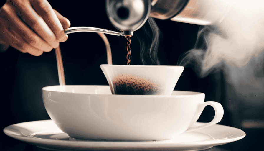 An image capturing the intricate process of pour-over brewing: a skilled barista, hands gracefully pouring a precise stream of hot water over a meticulously arranged bed of coffee grounds, as delicate wisps of steam rise from the brew
