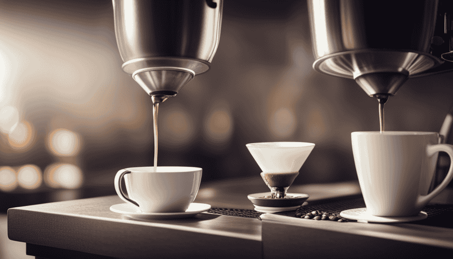An image depicting two contrasting coffee brewing methods: a meticulously hand-poured pour-over with a ceramic dripper, showcasing the controlled flow of water over fresh coffee grounds, juxtaposed with a modern drip coffee machine, showcasing convenience and speed