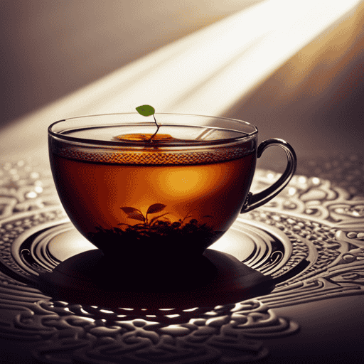 An image showcasing a delicate teacup filled with swirling amber liquid, tea leaves forming intricate patterns at the bottom