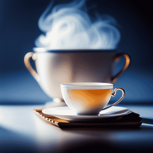 An image showcasing an elegant porcelain teacup, filled to the brim with steaming amber tea