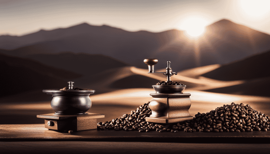 An image capturing the essence of Turkish coffee grinding: A skilled hand gracefully operating a traditional brass coffee grinder, releasing aromatic clouds of freshly ground coffee beans into an intricately patterned ceramic cup