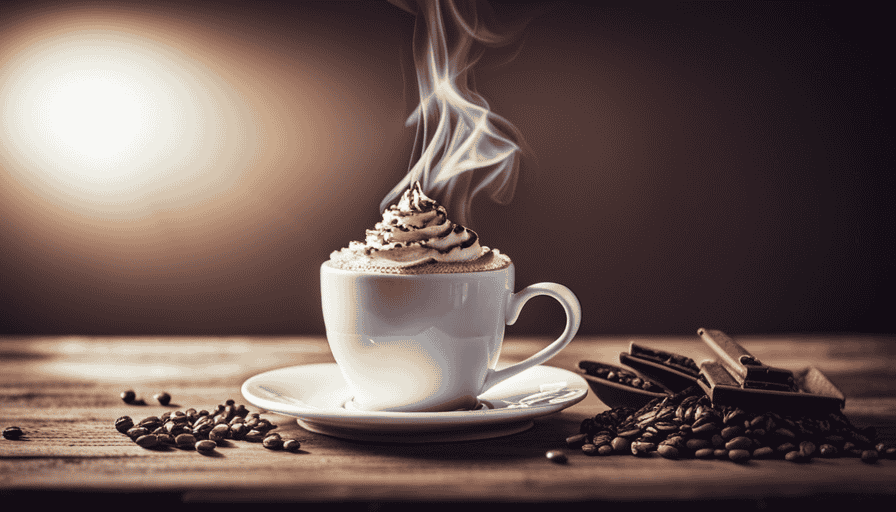 An image showcasing a steaming cup of authentic Italian Espressino coffee, adorned with a velvety layer of cocoa, topped with a dollop of whipped cream, and garnished with chocolate shavings