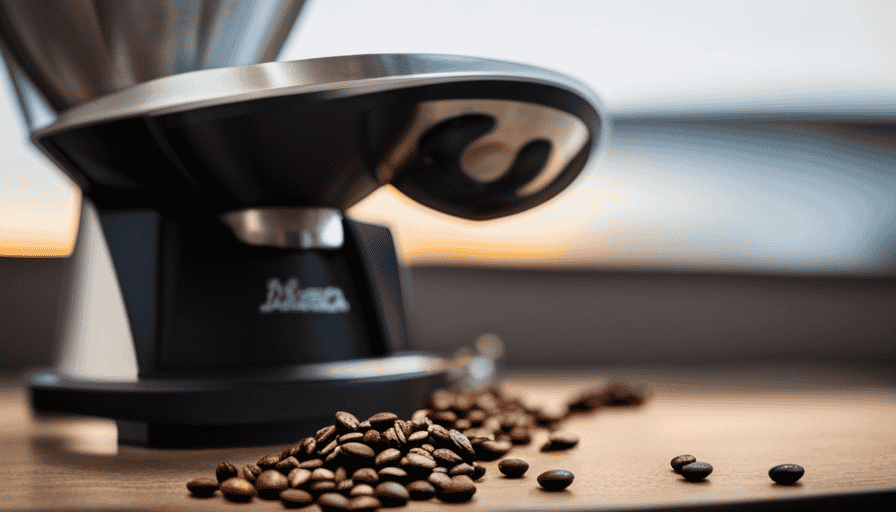 An image showcasing the Baratza Encore: Its sleek stainless steel body glistens under warm light, while aromatic coffee beans pour effortlessly into the conical burr grinder, capturing the essence of its versatility and precision