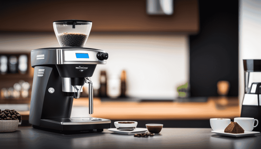 An image capturing the sleek and elegant design of the Baratza Virtuoso grinder, with its stainless steel body gleaming under soft lighting, its precision burrs perfectly aligned, and a stream of freshly ground coffee beans pouring into a waiting portafilter