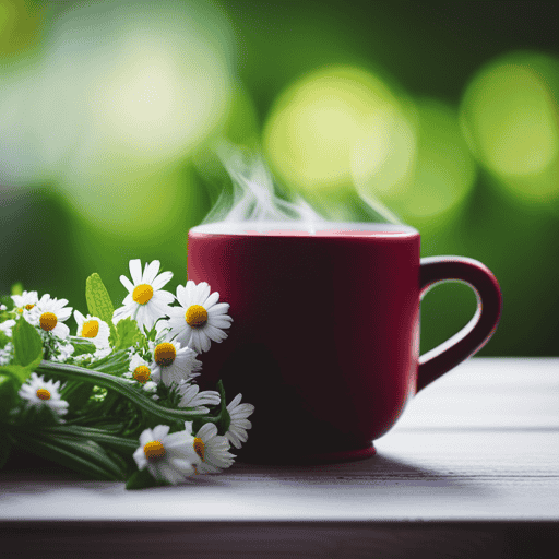 An image showcasing a cozy mug filled with steaming herbal tea, surrounded by an array of vibrant, fresh herbs like chamomile, ginger, and peppermint