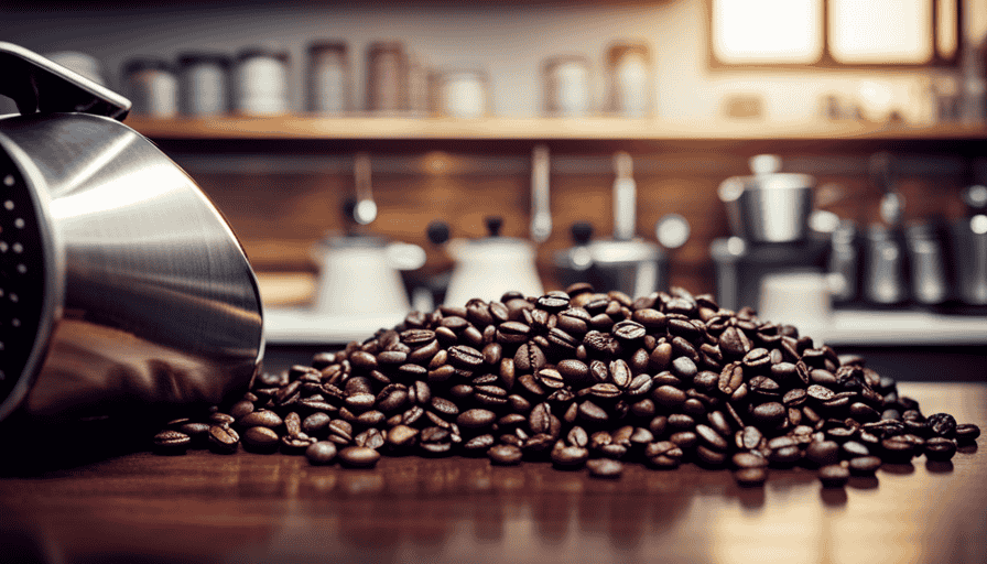 An image capturing a cozy kitchen scene: a sleek, stainless steel coffee bean roaster sits on a rustic wooden countertop, surrounded by a variety of coffee beans in vibrant hues, ready to be transformed into the perfect roast