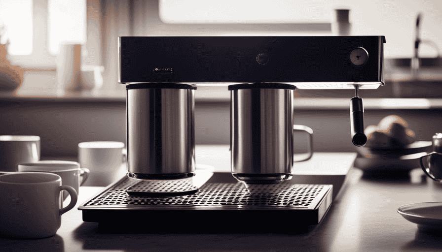 An image showcasing a sleek, modern coffee percolator on a kitchen countertop, surrounded by freshly brewed cups of aromatic coffee