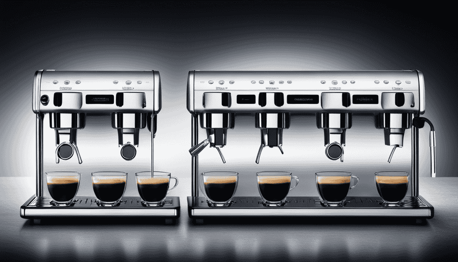 An image showcasing a lineup of sleek, stainless steel Delonghi espresso machines, each exuding sophistication and precision, with steam wands poised above porcelain cups, ready to deliver the perfect velvety shot of espresso