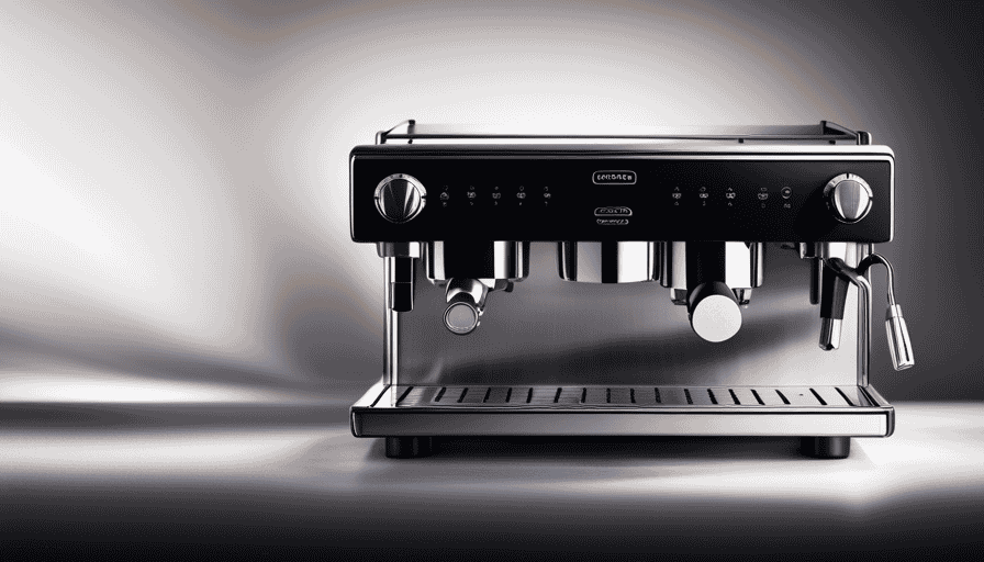 An image showcasing a sleek, stainless steel Delonghi espresso machine with a rich, aromatic espresso being poured into a porcelain cup