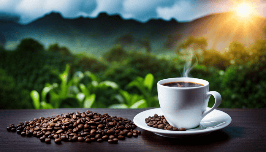 An image showcasing a steaming cup of rich, golden Kona coffee, surrounded by vibrant coffee plantations set against the backdrop of Hawaii's lush green mountains, enticing readers to discover the finest Kona coffee brands