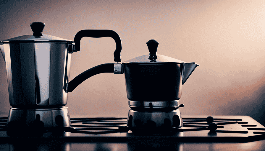 An image showcasing a gleaming stainless steel Moka pot, placed on a rustic, sunlit stovetop