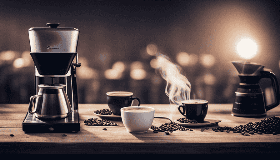 An image showcasing various pour-over coffee makers, arranged on a rustic wooden table with a steaming cup of freshly brewed coffee in the foreground
