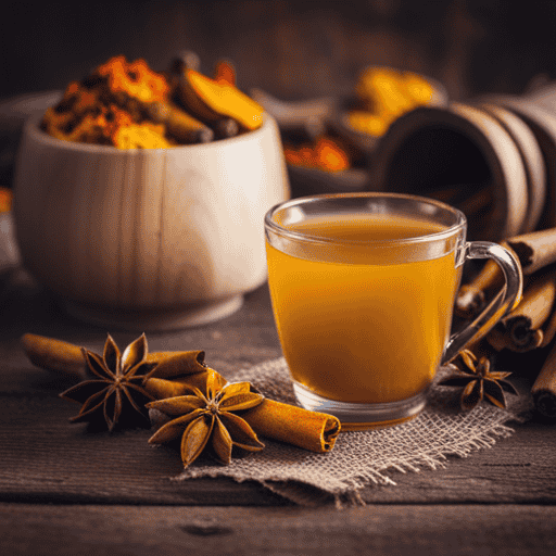 An image showcasing a warm cup of golden turmeric tea, surrounded by an array of aromatic spices like cinnamon sticks, fresh ginger slices, cardamom pods, and star anise, beautifully arranged on a rustic wooden surface