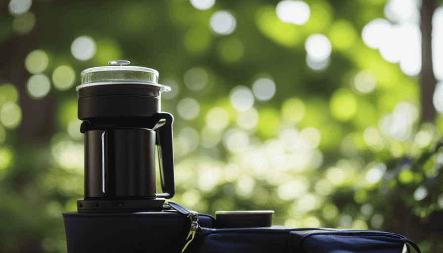 An image showcasing a compact, portable coffee maker nestled in a hiking backpack, surrounded by lush greenery