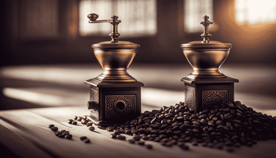 An image showcasing a traditional Turkish coffee grinder made of brass, with a wooden handle, adorned by intricate engravings