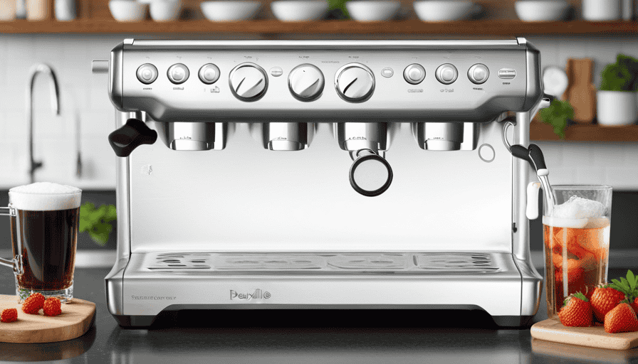 An image showcasing the sleek and modern design of the Breville Infuser, with its stainless steel body, vibrant backlit buttons, and a precision tamper, evoking sophistication and precision in home brewing