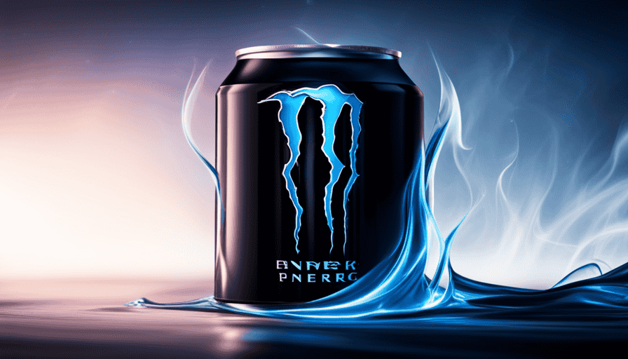 An image featuring a close-up shot of a sleek, black Monster Energy can, with vibrant electric blue liquid swirling inside