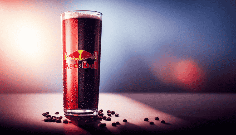 An image showcasing a tall, icy-cold glass of Red Bull, condensation dripping, with the iconic red and blue logo prominently displayed
