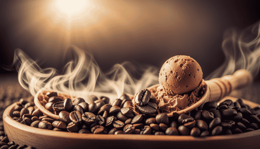 An image depicting a scoop of coffee ice cream nestled in a waffle cone, surrounded by spilled coffee beans and a swirling mist of coffee vapor