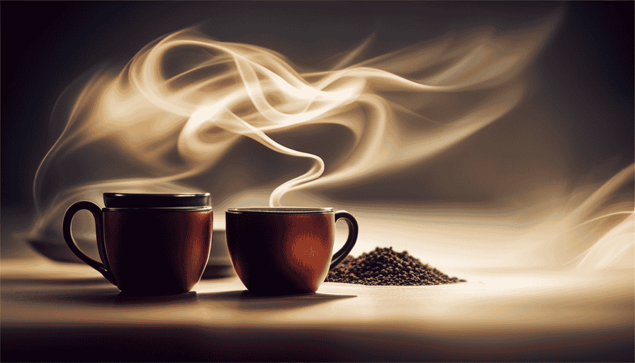 An image showcasing two steaming mugs, one holding rich black coffee with swirling tendrils of steam, and the other filled with a deep amber brew of black tea, exuding delicate wisps of fragrant vapor