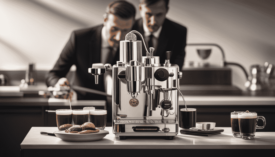 An image capturing the timeless allure of the La Pavoni Europiccola Lever Espresso Maker: a gleaming, polished stainless steel body adorned with intricate detailing, a gracefully curved lever, and a steam wand ready to deliver velvety, aromatic espresso