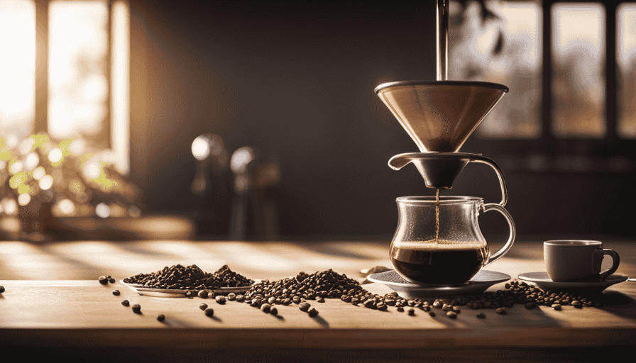 An image showcasing the Clever Coffee Dripper in action: warm sunlight streaming through a kitchen window, a steady pour of water, coffee grounds blooming in a mesmerizing spiral, and a rich, aromatic brew slowly dripping into a waiting cup