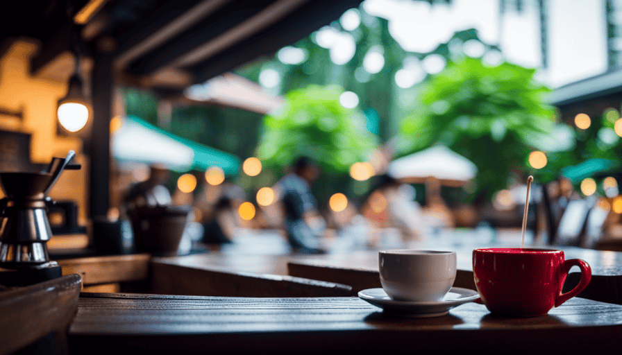 the vibrant coffee culture of Chiang Mai in an image: a cozy, rustic café tucked away in a lush courtyard, adorned with hanging plants, wooden furniture, and baristas skillfully brewing aromatic cups of coffee