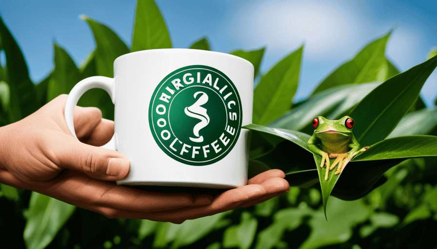An image showcasing a coffee cup with multiple certifications embedded on its surface - an organic leaf, a fair trade label, and a rainforest alliance frog logo