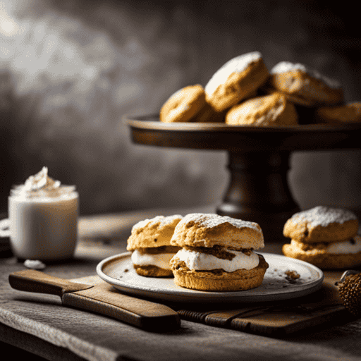 An image showcasing a rustic wooden table adorned with a plate of golden-brown, crumbly scones topped with clotted cream, alongside a plate of flaky, buttery biscuits oozing with melted cheese, highlighting the distinct textures and flavors of each