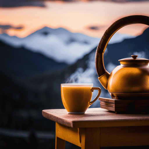 An image showcasing a serene, cozy setting with a cup of steaming turmeric tea on one side and a warm mug of golden milk on the other