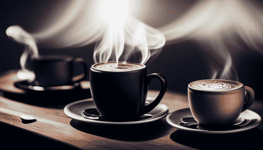An image showcasing two contrasting coffee cups: one petite, dark, and adorned with a velvety layer; the other robust, generous, and enveloped in steam